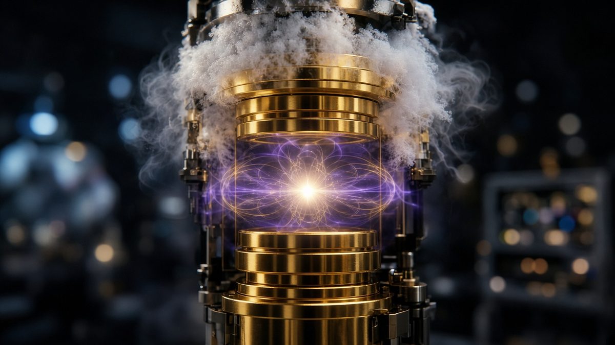 AI illustration of a single glowing antimatter particle held inside a gold cryogenic particle trap